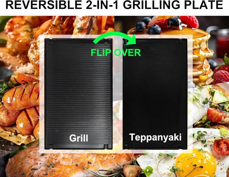 Tamarit Raclette Table Grill for 8, 2 in 1 Small Swiss Style PFAS-No Nonstick Reversible Grill/Griddle Plate Adjustable Temperature Control 1300 W, 8 Raclette Cheese Pans Black - Image 3